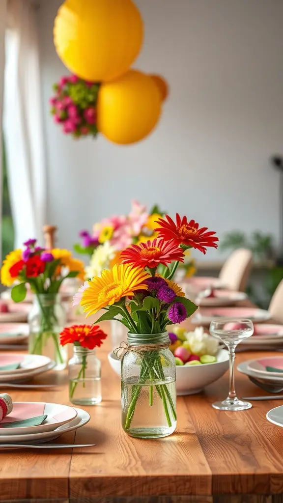21 Stunning Summer Table Decoration Ideas You'll Love 6 A summer table decorated with colorful floral centerpieces in glass jars.