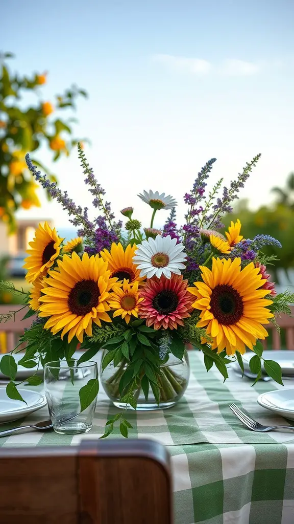 23 Bright and Cheerful Summer Decorations to Enhance Your Home 5 A vibrant floral centerpiece with sunflowers and daisies on a checkered tablecloth