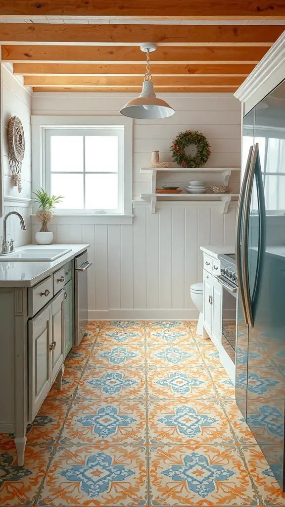 A beach house kitchen featuring bright patterned tile floors, light cabinets, and wooden beams on the ceiling.