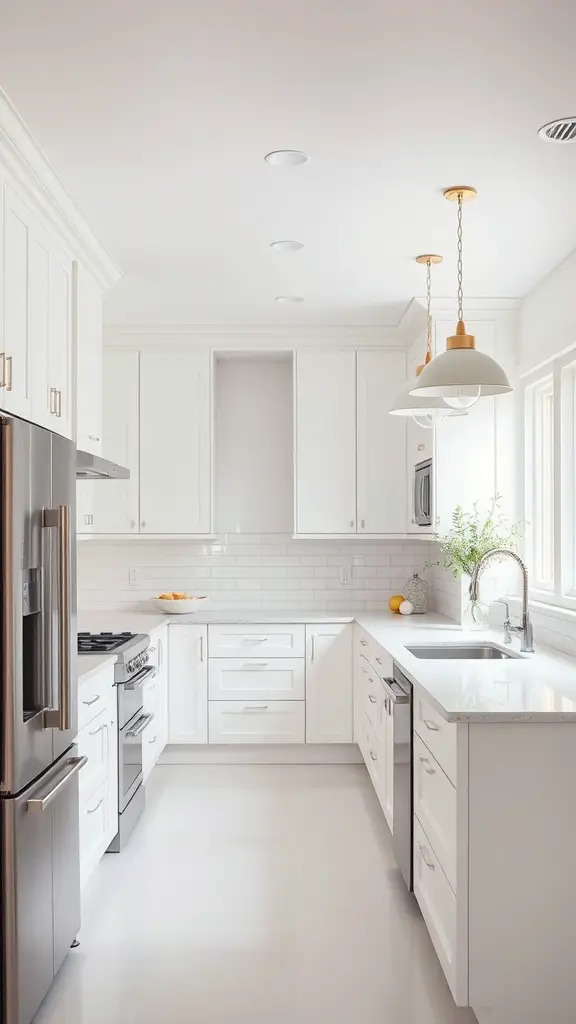 Bright white kitchen with pendant lighting and a modern design