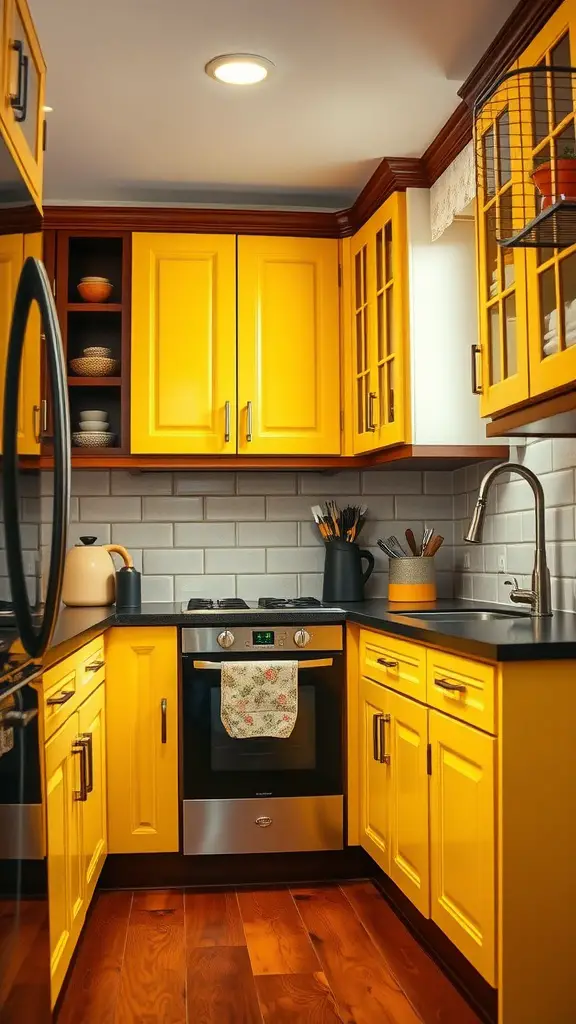 A kitchen featuring bright yellow cabinets paired with dark brown accents and flooring.