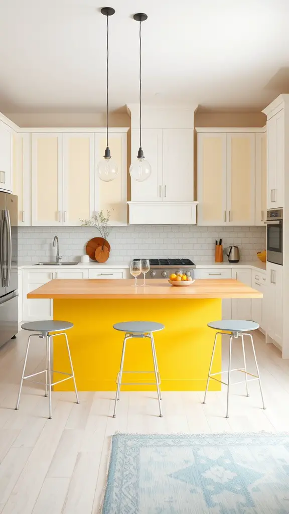 Bright yellow kitchen island with bar stools and fruits on top