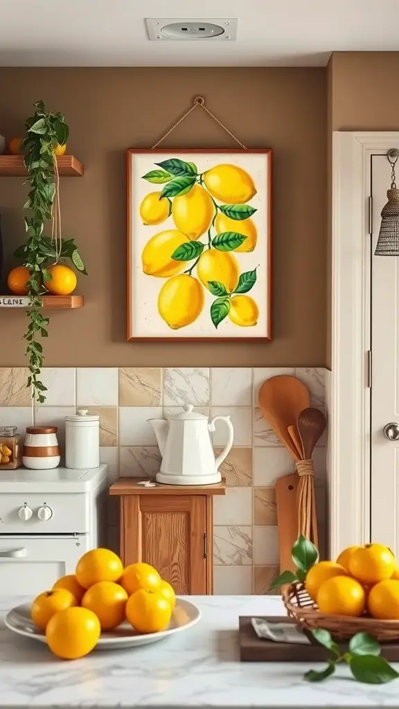 A kitchen featuring bright lemon wall art, showcasing a bunch of lemons and green leaves