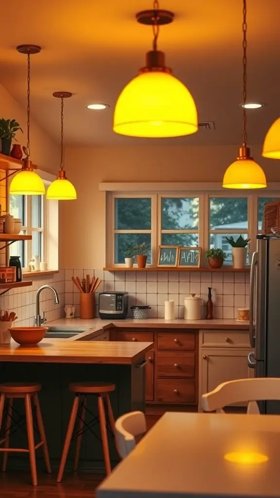 A cozy kitchen with bright yellow pendant lighting fixtures illuminating the space.