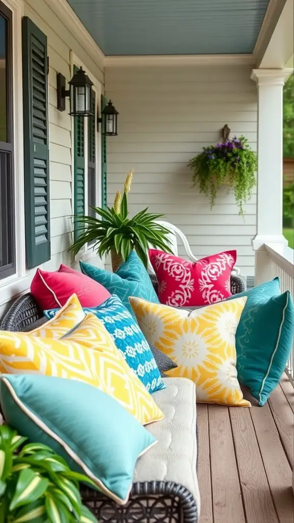 23 Inspiring Summer Porch Decor Ideas for a Vibrant Outdoor Space 2 A porch with colorful throw pillows in various designs and shades, adding vibrancy to the seating area.