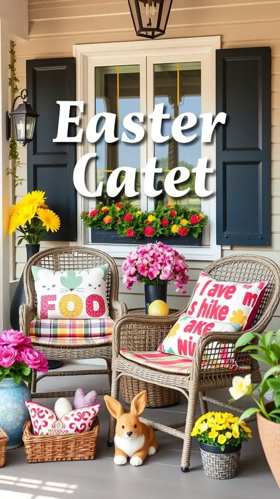 A cozy front porch with wicker chairs adorned with brightly colored cushions and floral arrangements, perfect for Easter decor.