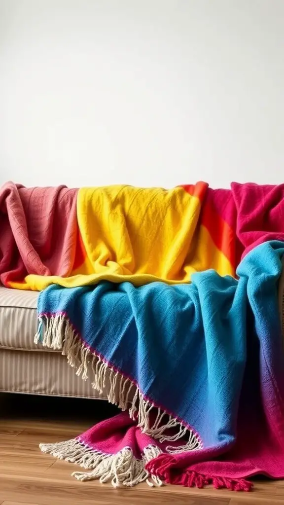 A colorful display of throw blankets on a sofa, featuring pink, yellow, and blue hues