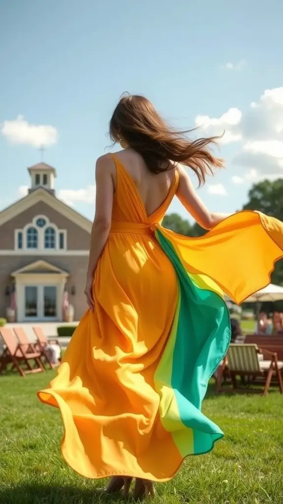 21 Stylish Summer Wedding Guest Dress Ideas to Make You Shine 8 A woman wearing a brightly colored wrap dress stands with her back to the camera, showcasing the vibrant fabric in orange and green, with a sunny outdoor setting in the background.