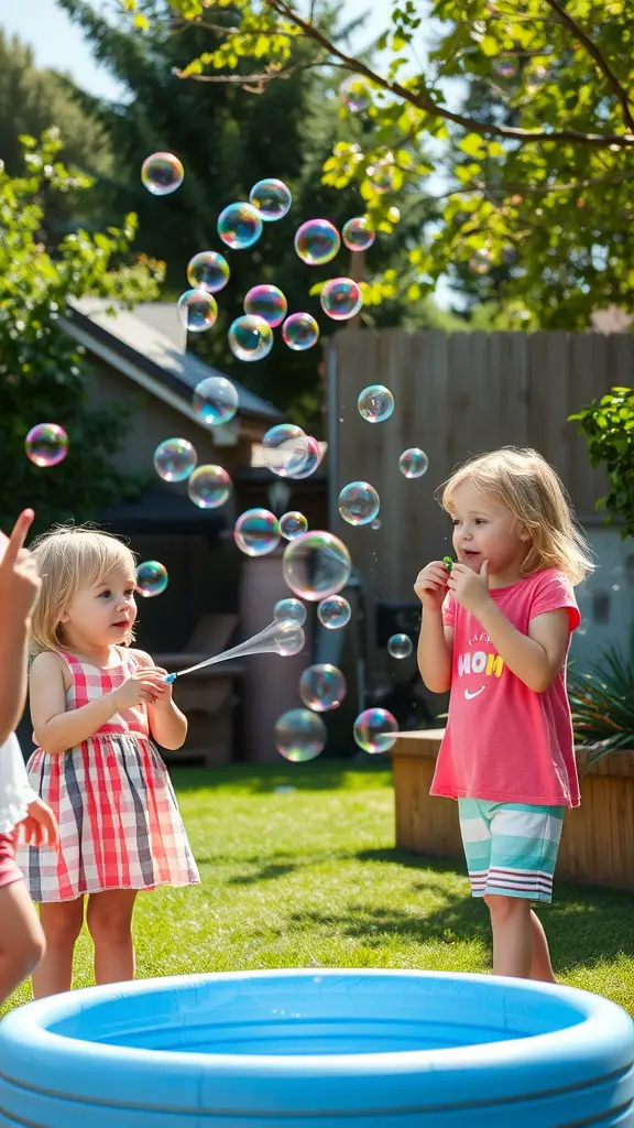 Children playing with bubbles in a backyard