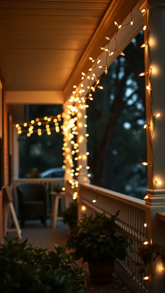 A cozy porch decorated with warm string lights, showcasing potted plants and a welcoming atmosphere.