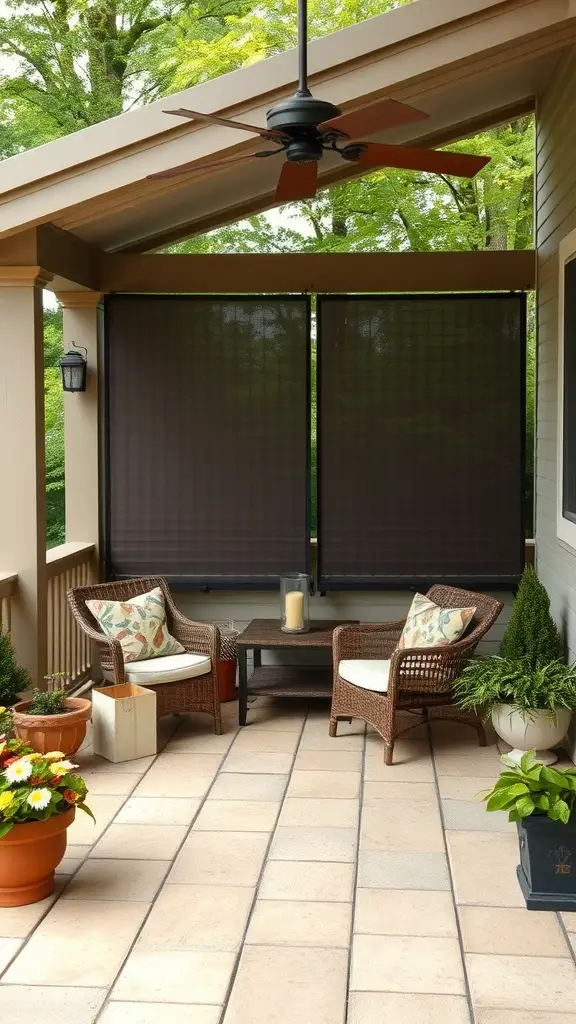 A cozy patio with privacy screens, comfortable chairs, and potted plants.