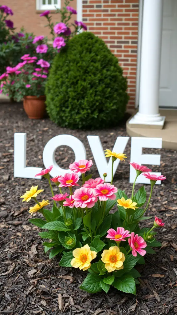 A colorful flower bed with pink and yellow flowers and the word LOVE spelled out in white letters.