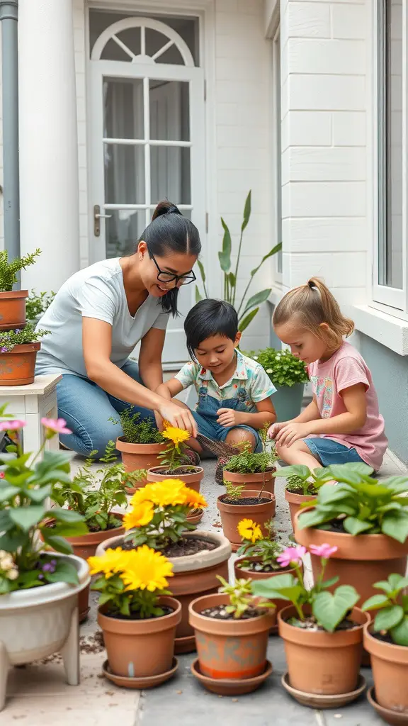 A mother and two children gardening together on a small patio, surrounded by colorful flower pots.