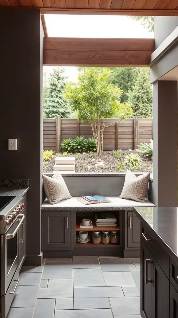 An outdoor kitchen featuring a built-in banquette with storage space underneath, comfortable cushions, and a view of greenery.