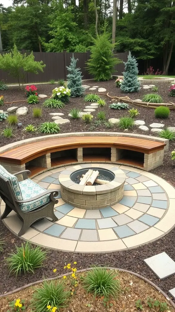 A beautifully designed outdoor fire pit area with a built-in bench offering storage, surrounded by lush greenery and colorful flowers.