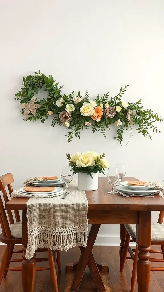 A burlap and lace garland with flowers and greenery draped above a dining table.