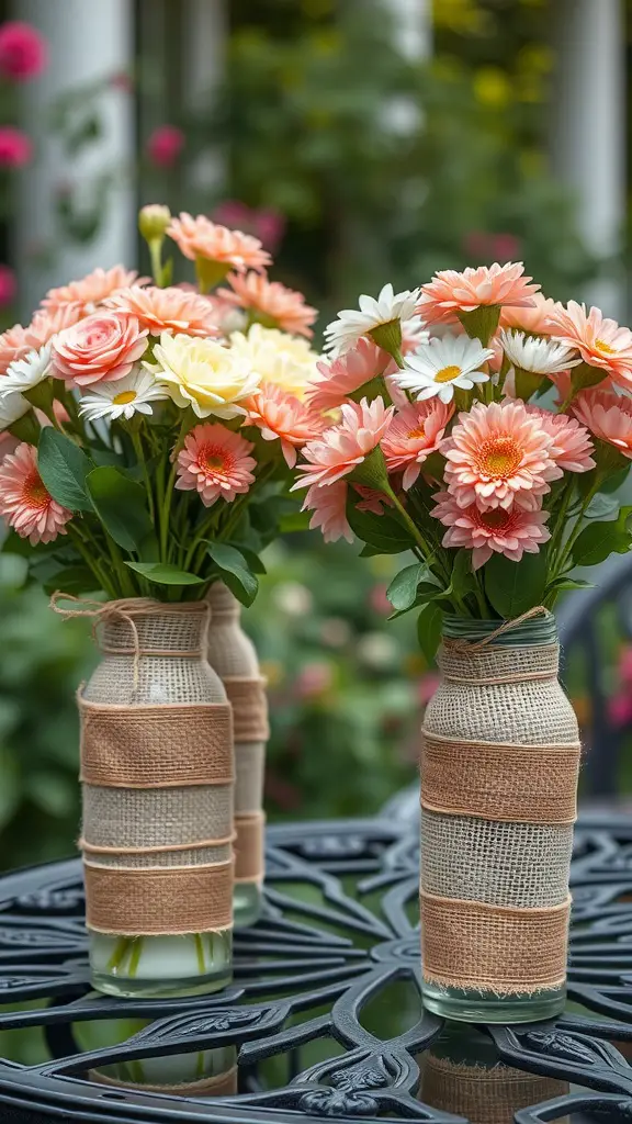 Three vases wrapped in burlap and lace, filled with colorful flowers, sitting on a decorative table.