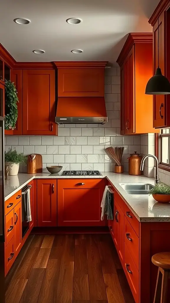 A kitchen featuring burnt orange cabinets and deep walnut accents, showcasing a warm and inviting color combination.