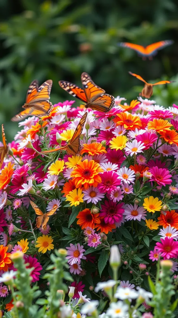 Butterfly bush with vibrant flowers and butterflies fluttering around