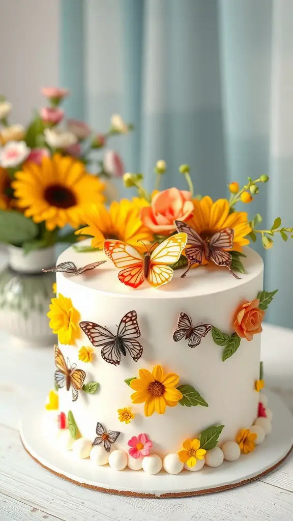 21 Creative Summer Baby Shower Ideas to Celebrate the Arrival of Baby 9 A beautifully decorated cake with colorful butterflies and flowers, perfect for a summer baby shower.