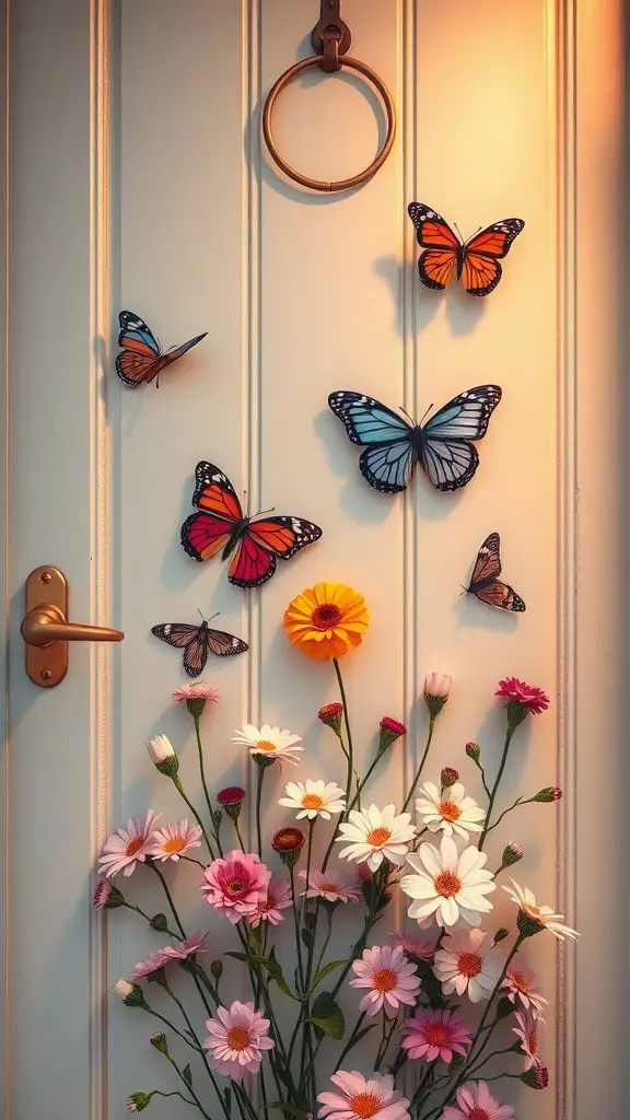 21 Creative Summer Door Hanger Ideas You’ll Love 7 A decorative door featuring colorful butterflies and fresh flowers, creating a butterfly garden theme.