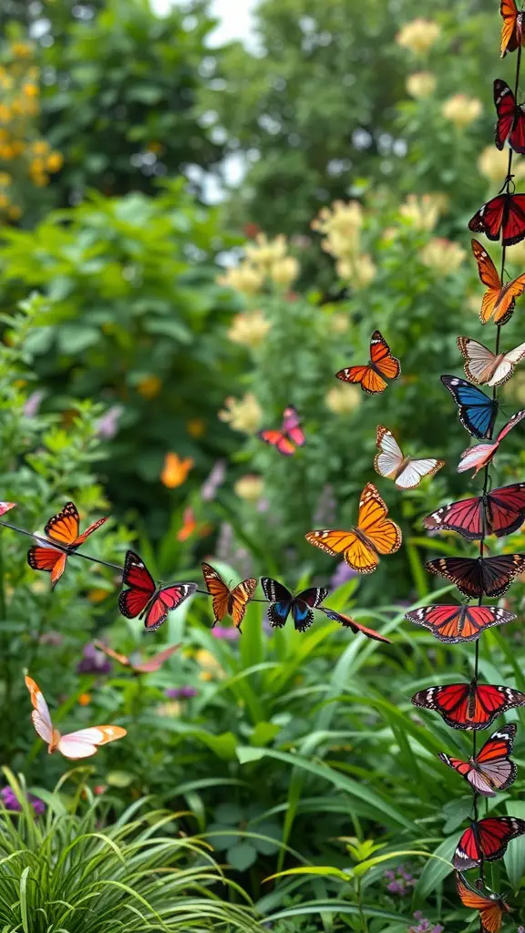 Colorful butterfly garland hanging in a garden with various flowers and greenery