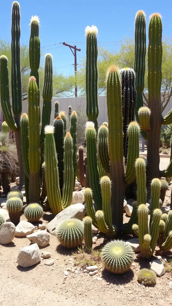 A variety of tall and round cacti arranged in a sunny desert landscape.