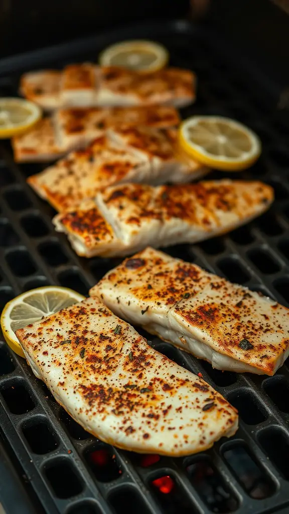 Cajun grilled catfish fillets on a grill with lemon slices