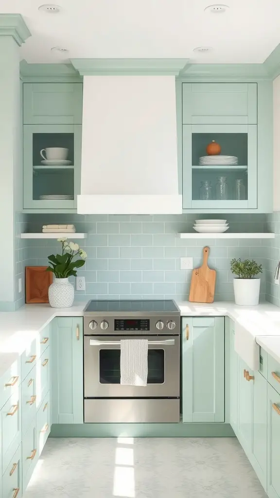 A bright kitchen featuring seafoam green cabinets and modern appliances, creating a tranquil cooking space.