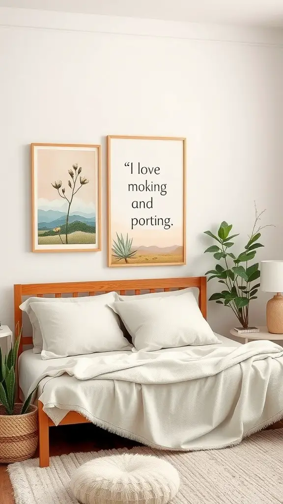 A cozy mother's room featuring calming wall art with nature themes and a motivational quote