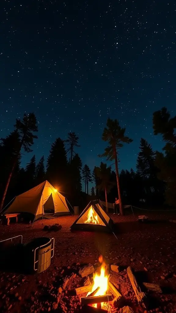 21 Must-Do Summer Bucket List Ideas for Your Best Season Yet 6 A beautiful campsite under a starry night sky with a glowing campfire and tents.