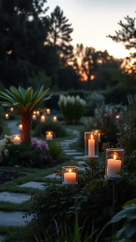 A beautiful garden pathway illuminated by candles at dusk, surrounded by lush plants and flowers.