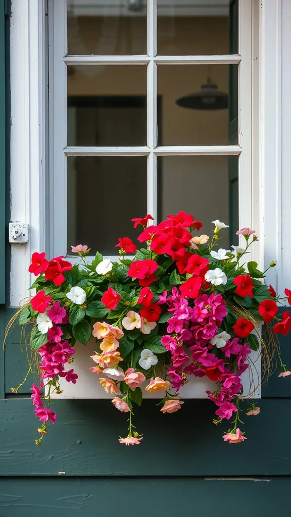 21 Stunning Full Sun Window Box Ideas for Your Garden 2 A window box filled with colorful cascading petunias in shades of red, pink, and white.