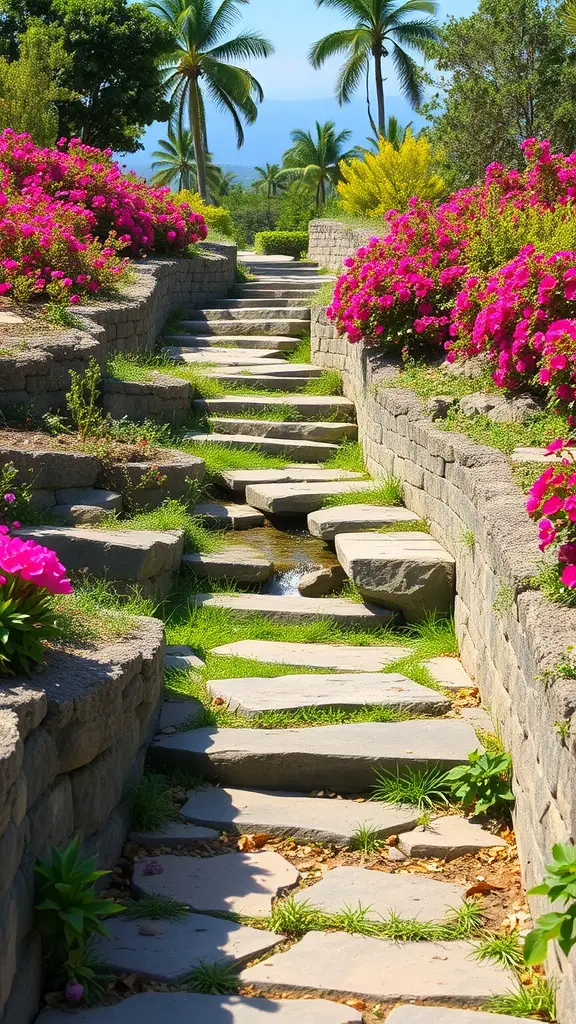 27 Stunning Stone Pathway Ideas for Your Garden Walkways 25 A cascading stone walkway surrounded by vibrant flowers and greenery