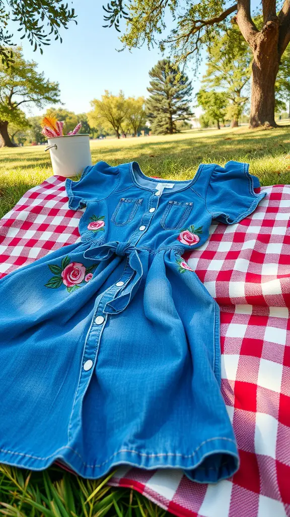 21 Stylish Summer Wedding Guest Dress Ideas to Make You Shine 17 A casual denim dress with floral accents laid out on a red and white checkered picnic blanket in a park setting.