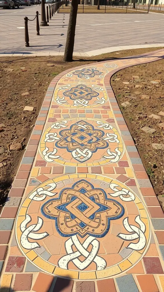 Mosaic walkway featuring Celtic knot patterns in various colors