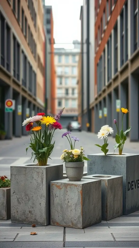 A collection of cement block vases with colorful flowers placed on a street