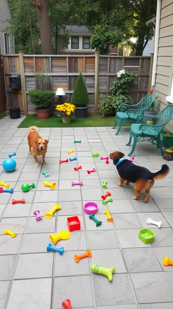 19 Creative Grassless Backyard Ideas for Dogs 12 A cemented backyard area with colorful dog toys scattered across the floor, featuring two dogs playing.
