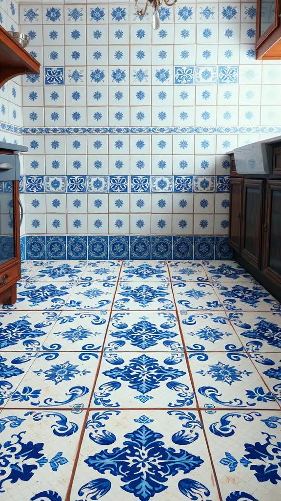 A kitchen featuring blue and white ceramic tiles with intricate patterns on the floor and walls.