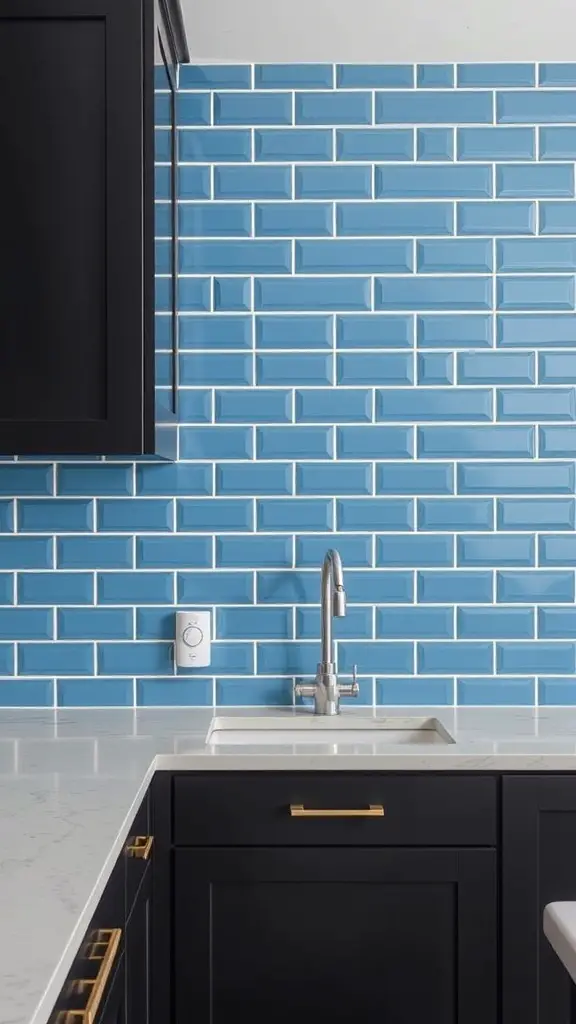 A kitchen featuring cerulean subway tiles on the backsplash with dark cabinets and a modern faucet.