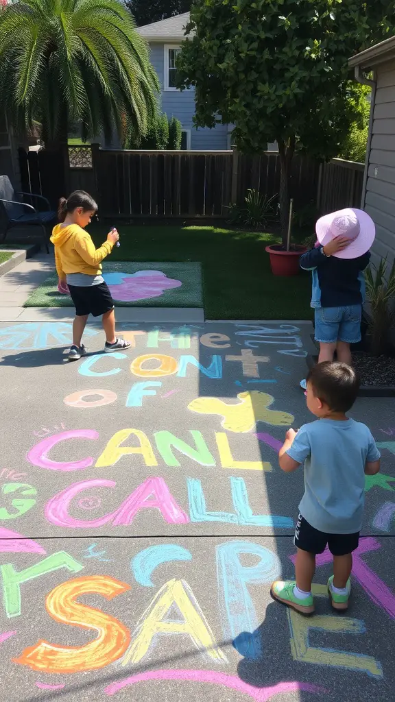 Children creating colorful chalk art on a backyard pavement during a sunny day.