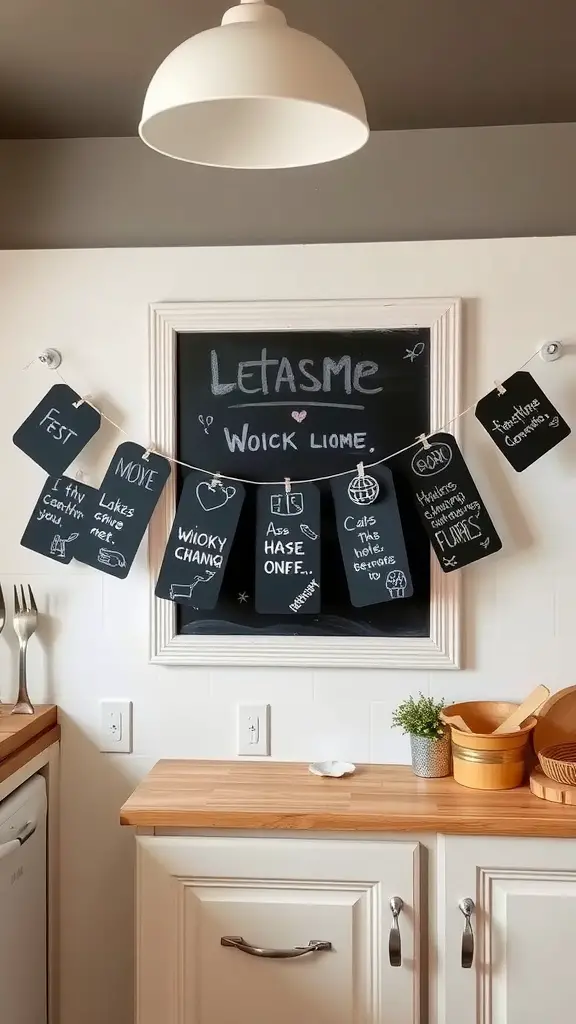 Chalkboard garland with custom messages hanging in a kitchen setting