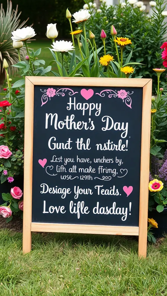 A chalkboard sign with Mother's Day messages surrounded by flowers.