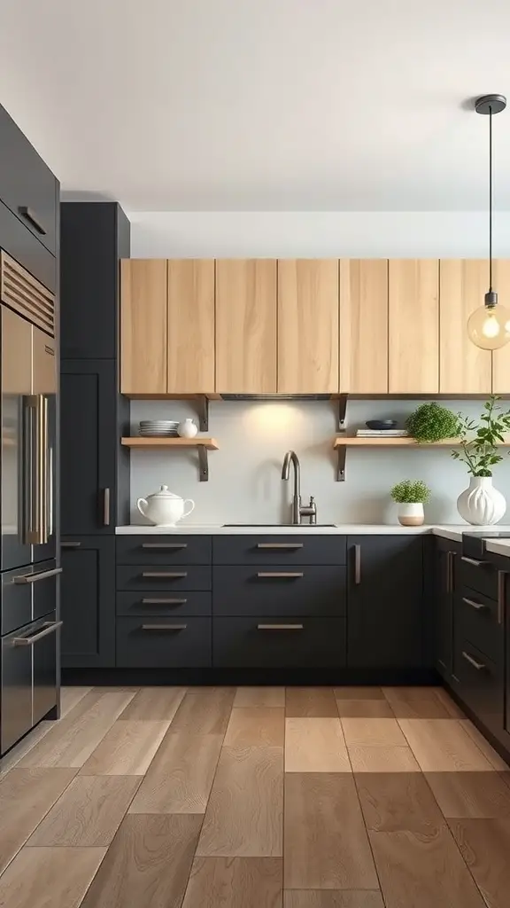 A modern kitchen featuring charcoal gray lower cabinets and light maple upper cabinets with wooden flooring.