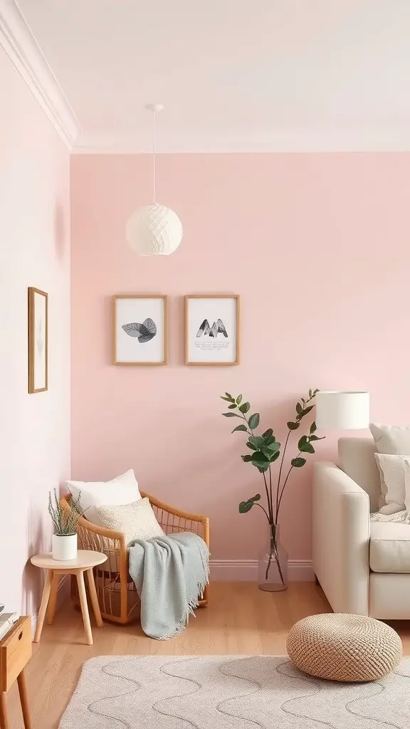 Cozy mother's room with a pink accent wall, wicker chair, and framed art.