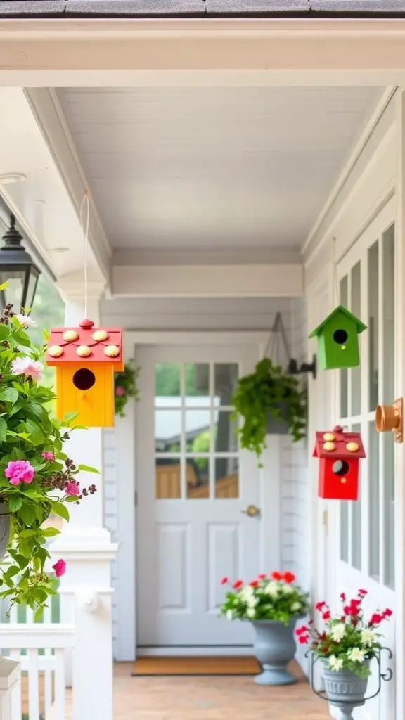 Colorful birdhouses hanging on a porch with flower pots.