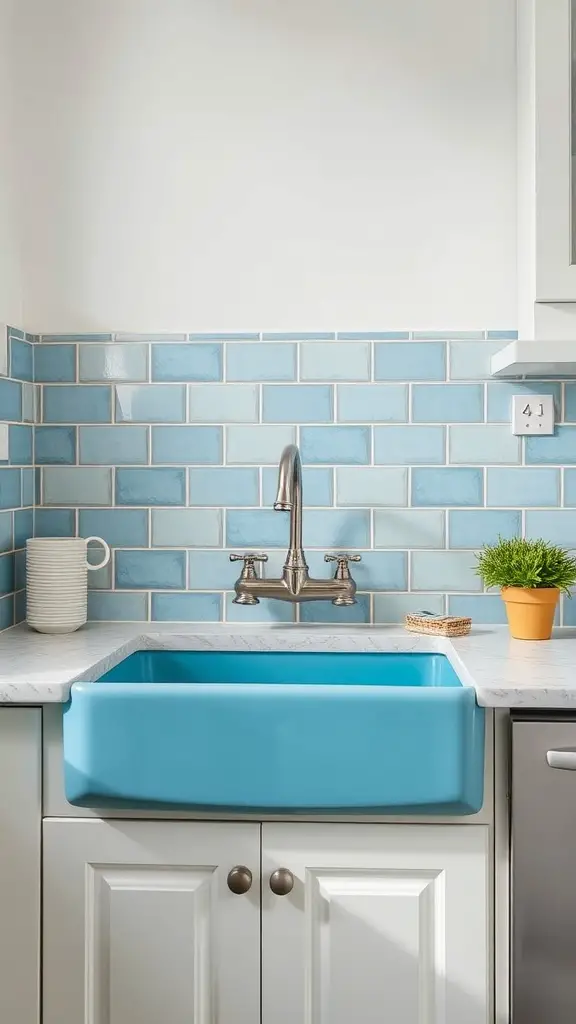 A charming blue kitchen sink with a stylish faucet, light cabinetry, and a soft blue tile backsplash.