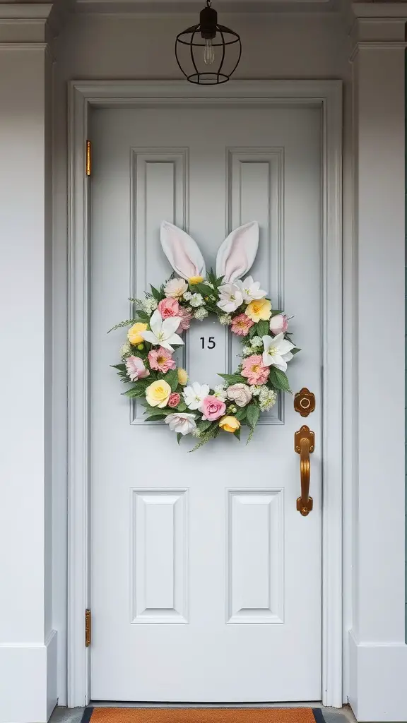 A front door adorned with a colorful bunny wreath featuring flowers and bunny ears.