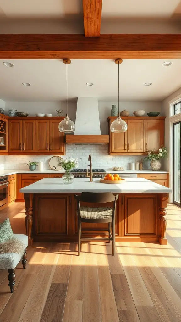 27 Cozy Kitchen Ideas to Warm Up Your Space 14 A warm kitchen featuring a charming center island with wooden cabinetry and elegant lighting.