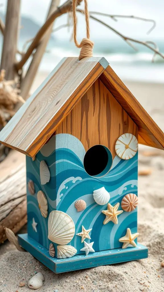 27 Creative Bird House Painting Ideas to Inspire Your Next Project 9 A charming birdhouse painted in coastal themes with blue waves and decorated with seashells and starfish.